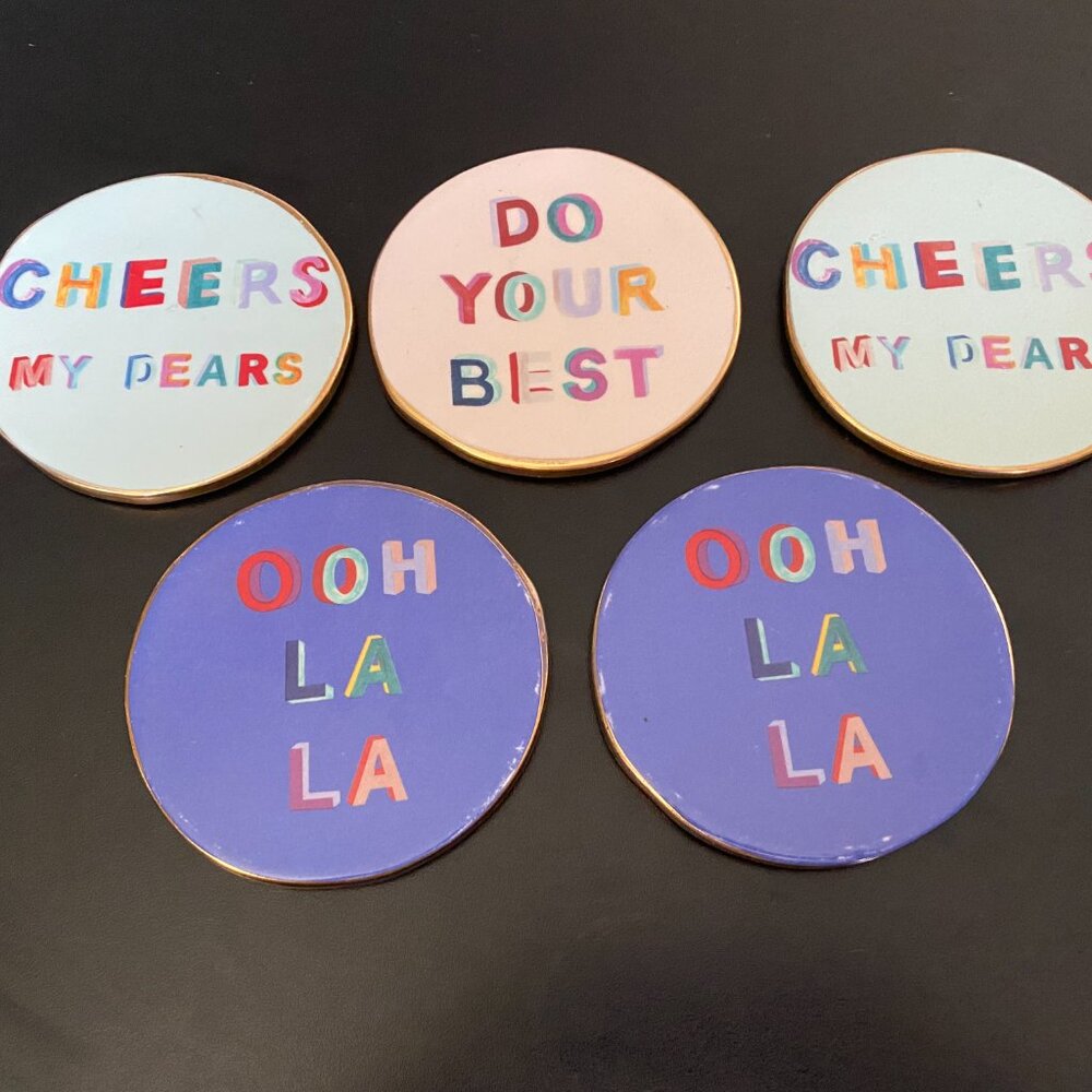 Anthro Anthropologie Caption DO YOUR BEST CHEERS MY DEARS OOH LA LA 5 Coasters
